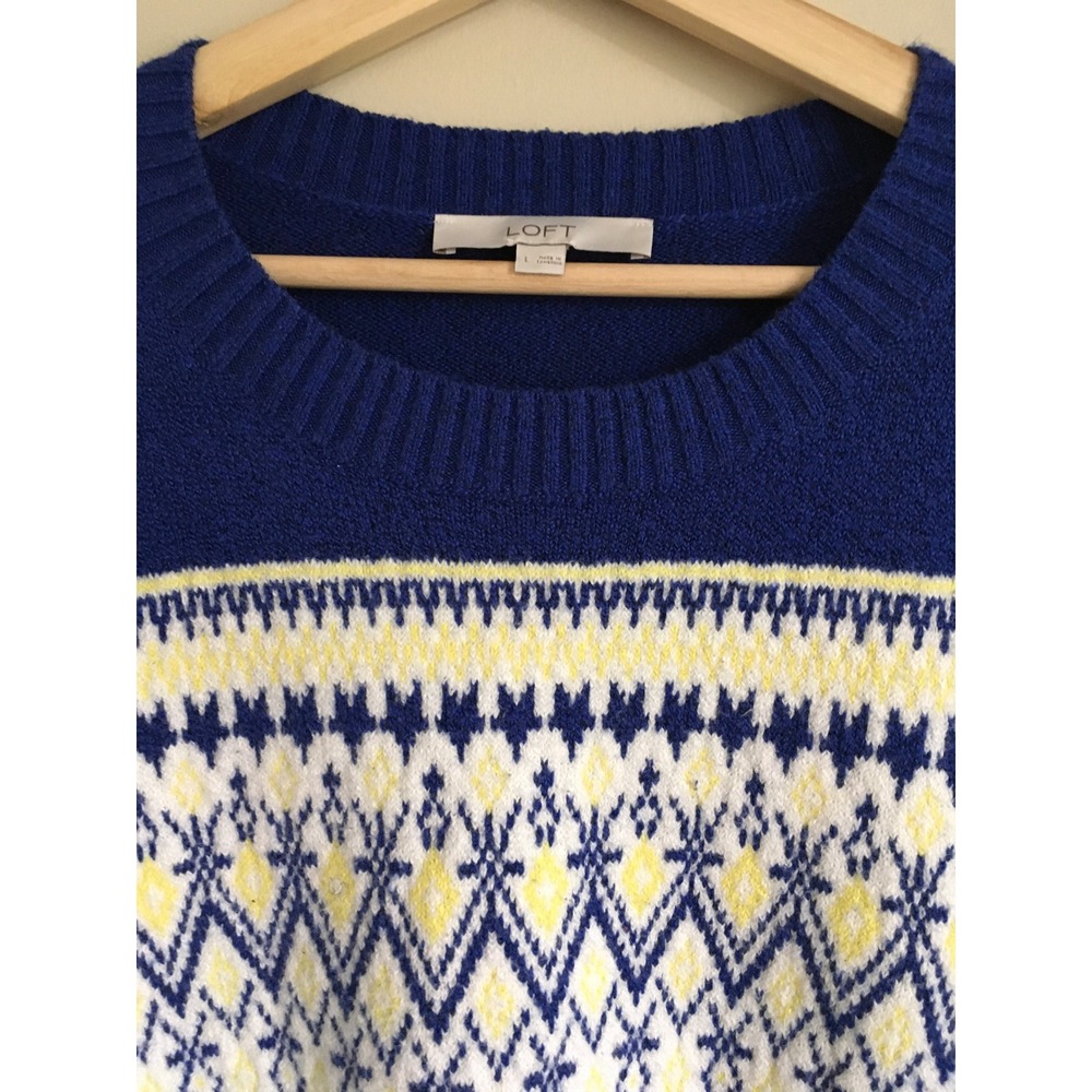 Loft Womens Blue White Yellow Fair Isle Geometric Knit Crew Neck Sweater Large - Picture 3 of 6
